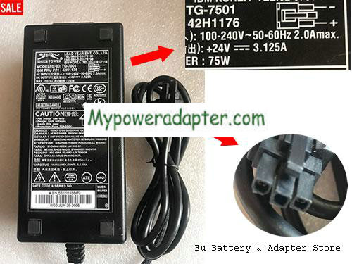 TIGER 40N6913 Power AC Adapter 24V 3.125A 75W YEAR24V3.125A75W-3pin-LF